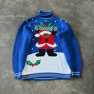 Vintage Pinwheels Christmas Sweater Womens S Blue Cardigan Mock Neck Bear 80s